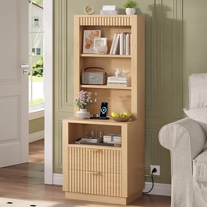 ADORNEVE Tall Fluted Nightstand, Side Table with Drawers & Open Shelf, Mid Century Modern Night Stand with Metal Handle, Wooden Bedside End Table for Bedroom,Living Room,Natural Oak