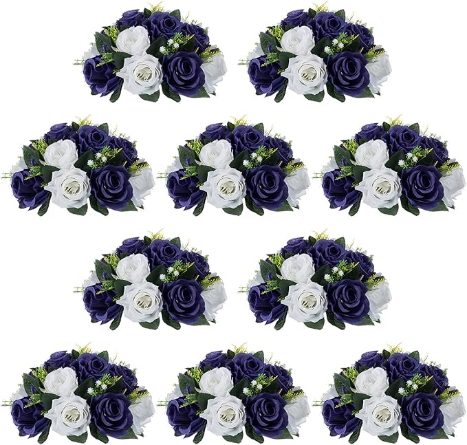 NUPTIO Artificial Flower Centrepieces for Tables - 10 Pcs Navy Blue & White Fake Flowers Roses Balls 9.5in Diameter - Silk Faux Rose Arrangement for Wedding Party Centerpiece Table Decorations