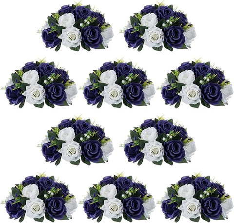 NUPTIO Artificial Flower Centrepieces for Tables - 10 Pcs Navy Blue & White Fake Flowers Roses Balls 9.5in Diameter - Silk Faux Rose Arrangement for Wedding Party Centerpiece Table Decorations