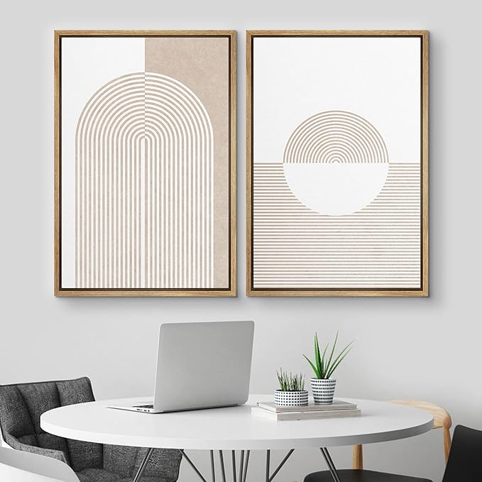 MUDECOR Framed Canvas Print Wall Art Set Pastel Tan Geometric Circle Spirals Abstract Shapes Illustrations Modern Art Decorative Contemporary for Living Room, Bedroom, Office - 24"x36"x2 Natural