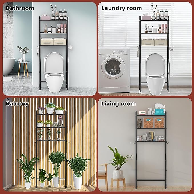 3 Tier Over The Toilet Storage Rack with 2 Basket, Metal Freestanding Bathroom Shelves Toilet with Paper Holder and 4 Hooks, Over Toilet Storage Shelf for Bathroom Storage, Black