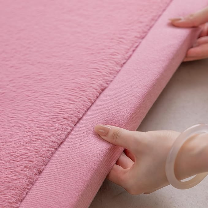 Loartee Faux Rabbit Fur Rug - 1.18" Thick Soft Fluffy Area Rug, Non-Slip Memory Foam Crawling Mat, Light Pink, 78"x110"