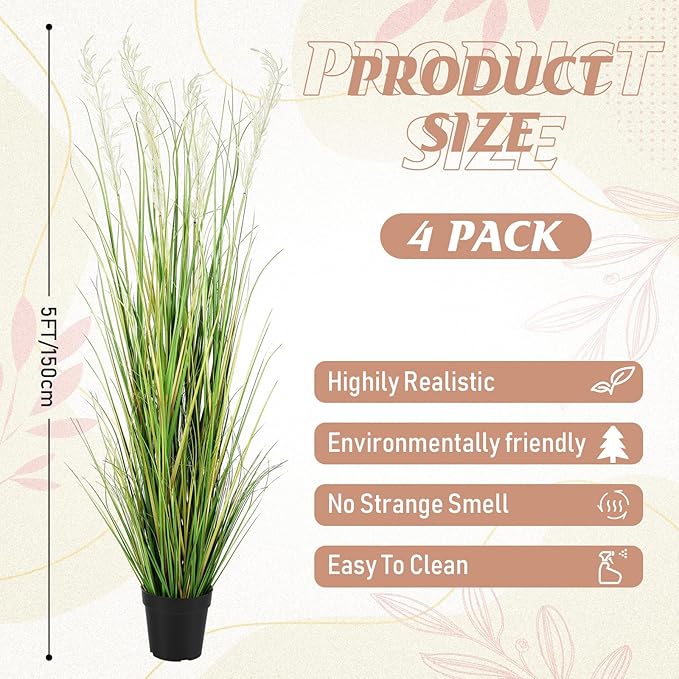 Jexine 4 Pcs 5 ft Tall Artificial Grass Plant Potted Artificial Greenery Floor Plants Faux Pampas Grass Tall in Pot for Housewarming Gift House Garden Bathroom Lobby Outdoor Decoration