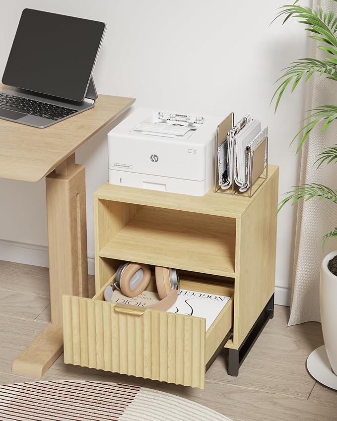 Fluted Night Stand Set 2 with Charging Station, Wood Nightstand with Large Drawer and Open Storage Cabinet, Mid-Century Modern Bedside Table End Table for Bedroom Closet Office