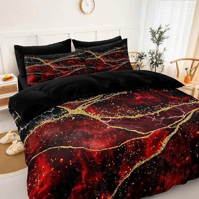 Black Gold Comforter Set 8 Pcs Red Marble Bedding Queen Size Bed in A Bag Stone Texture Abstract Room Decor