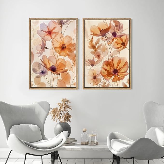 MUDECOR Framed Canvas Print Wall Art Orange Purple Wildflower Botanical Illustrations Modern Art Decorative Bohemian Colorful Chic for Living Room, Bedroom, Office - 16"x24"x2 NATURAL