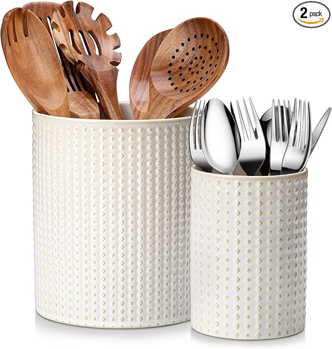 MALACASA LYDIA Ceramic Utensil Holders, 7.3"+5.5" Kitchen Utensil Crock Set for Countertop, Large & Small Utensil Organizers for Cooking Tools, Rhombus Pattern
