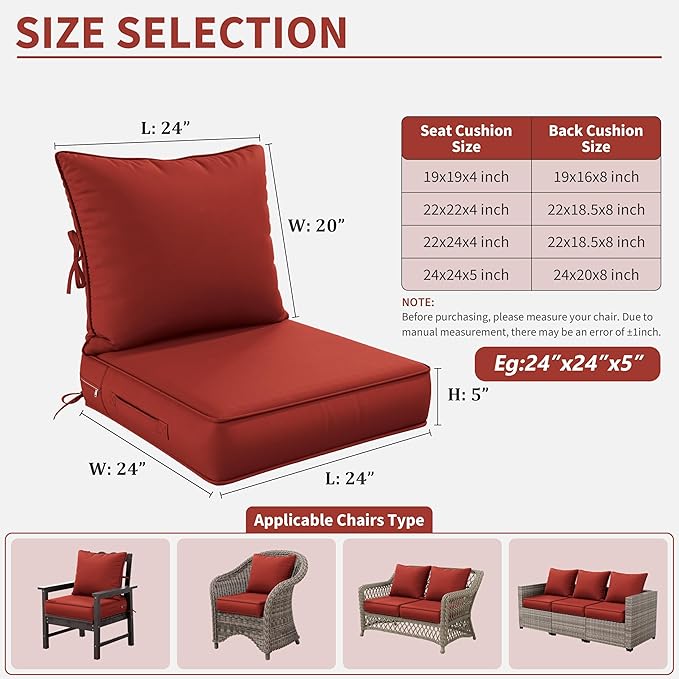 Premium Outdoor Seat Cushion Chair Cushions for Patio Furniture 24 L X 24 W X 5 H Waterproof & Fade Resistant Deep Seat and Backrest Cushion Set with Removable Covers for Chair, Sofa