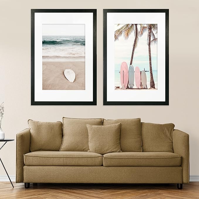 20x28 Picture Frame Set of 2, Rustic Black Wood Style - Display 16x24 Picture with Mat or 20 x 28 Poster without Mat, Wall Mounting Horizontal and Vertical