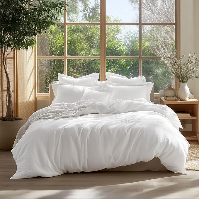 Bedsure 100% Washed Cotton Duvet Cover Cal King - Natural White Minimalist Cotton Duvet Cover Linen Like for All Seasons - GentleSoft™ Plain Simple Bedding, 3 Pieces (White, California King, 104"x98")