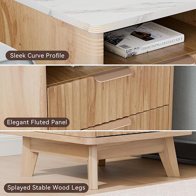 Fluted Nightstand with 2 Drawers, 18" Modern Bed Night Stand with Faux Marble Top, Open Storage Shelf, Curved Edge Bedside Table for Bedroom, Living Room End Side Table, Natural Oak