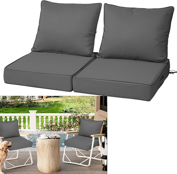 Waterproof Outdoor Chair Cushion Set of 2, 24x24x5 IN Deep Seat Patio Cushions with Fade Resistant Removable Cover,Outdoor Cushions for Patio Furniture with Ties&Handle for Chair Sofa Couch,Dark Gray