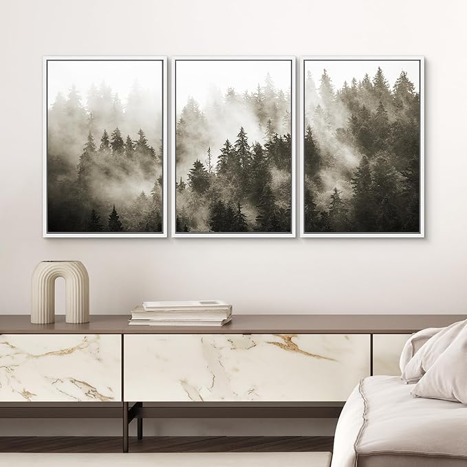 SIGNWIN Framed Canvas Print Wall Art Woodland Nursery Decor Set Duotone Blue Misty Pine Tree Forest Nature Modern Art Rustic Landscape Colorful for Living Room, Bedroom, Office - 24"x36"x3 White