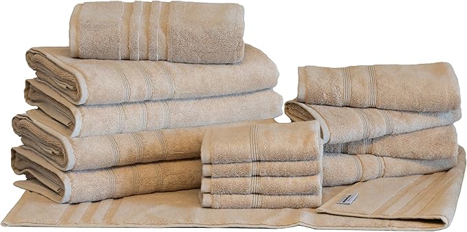 Mosobam Luxury Turkish 14pc Deluxe Bath Bundle Body Hand Face Towel and Mat Light Taupe 700 GSM & 1000 GSM Bamboo Viscose & Aegean Turkish Combed Cotton