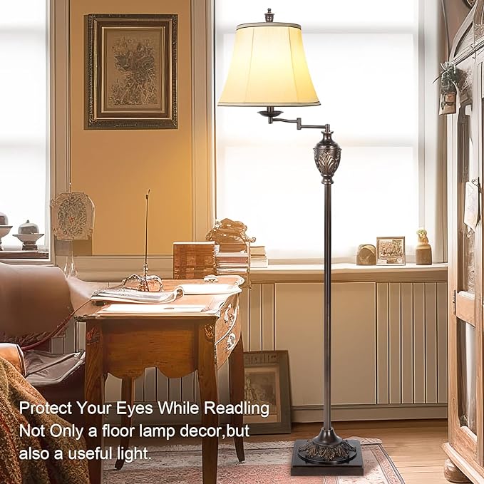 Traditional LED Floor Lamp with 350° Adjustable Swing Arm Lamp – Vintage Standing Pole lamp for Living Room, Bedroom and Office – Rustic Upright Floor Light for Home Décor with Faux Silk Fabric Shade
