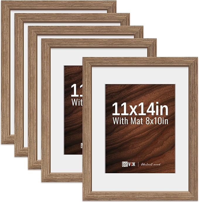 VCK 11x14 Picture Frame 5 Pack - Walnut, High-End Wood Poster Frames with Tempered Glass, Display 8x10 Photo with Mat or 11x14 without Mat, Art Gallery-Quality, Wall Hanging, Walnut
