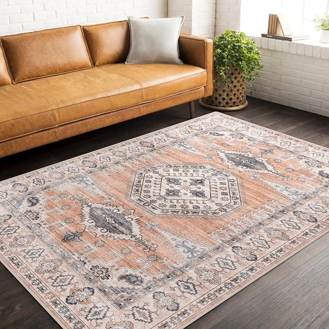 vivorug 5x7 Area Rugs - Ultra-Thin Washable Rug with Non-Slip Backing, Ideal for Living Room, Bedroom, Dining Room Indoor - Vintage Medallion, Easy Clean, Durable, Low Pile Rug Orange