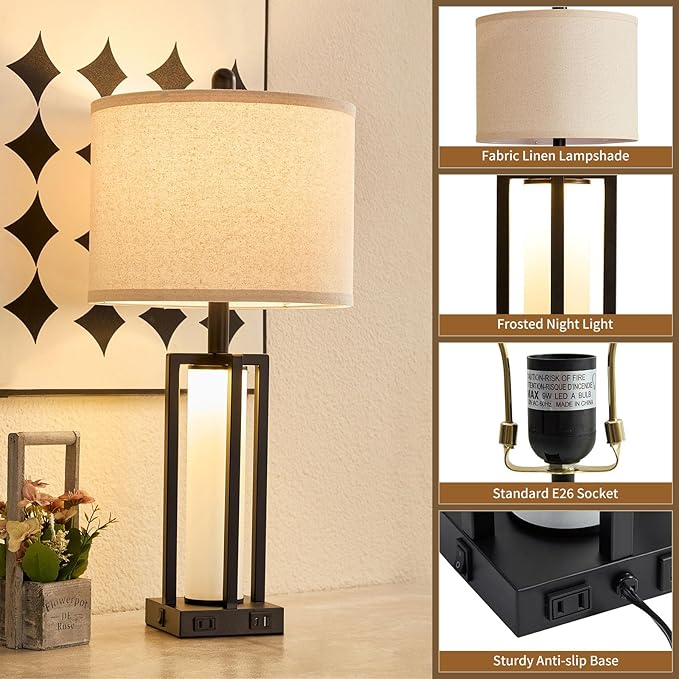 26.6" Farmhouse Table Lamps Set of 2, 3 Way Dimmable Touch Lamps, Modern Nightstand Bedside Lamps with Dual Light Control, USB A+C Ports & AC Outlet, Built-in Night Light for Bedroom End Table