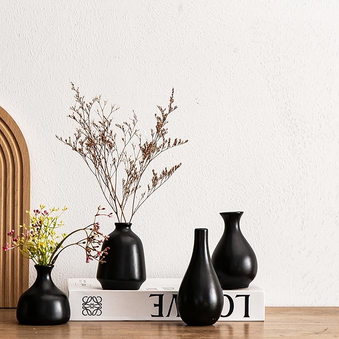 Ceramic Bud Vases, Black Mini Vase Set of 11, Small Pottery Vases for Flowers Mini Ceramic Vases for Pampas Grass Vase Bulk for Wedding Table Centerpieces Decoration Boho Home Decor