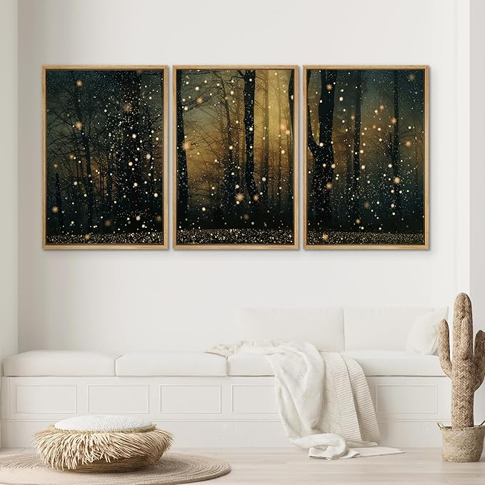 SIGNWIN Framed Wall Art Print Set Enchanted Forest with Fireflies Magical Night Woodland Photography Modern Art Closeup Relax/Calm Dark for Living Room, Bedroom, Office - 24"x36"x3 Natural