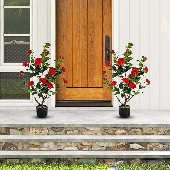 Goplus 38’’ Artificial Camellia Tree, Flower Plants Artificial Tree, Faux Floral Plant Blooming Tree in Cement Pot, Greenery Potted Plant for Indoor Outdoor Office Home Porch Decor