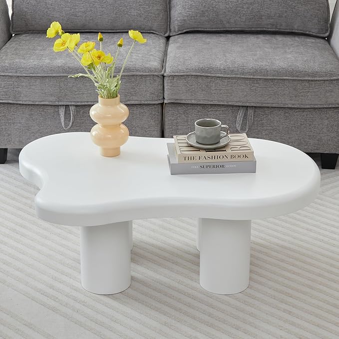 Cloud Coffee Table, Cute Irregular Coffee Table with Wide Tabletop, Accent Center Table, Cloud Shape Modern Coffee Tables for Living Room, Home Office (White)