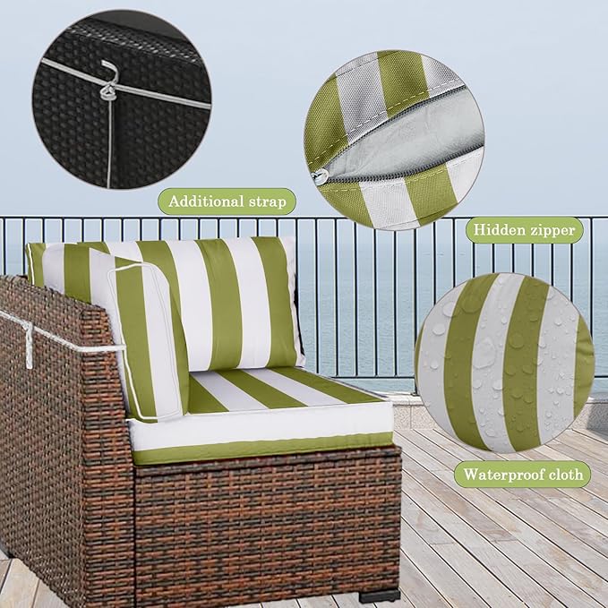 Outdoor Furniture Replacement Cushions, 14 Pcs Water-Resistant Replacement Sofa Cushion for Patio Garden Porch (Liner&Cover,Only Cushions No Sofa) (Grass Green and White Stripes)