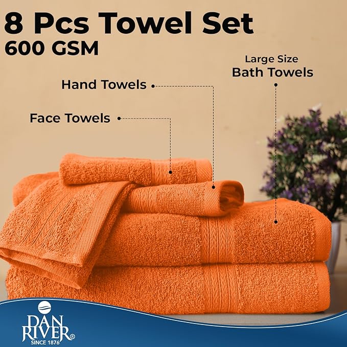 DAN RIVER 8 PC Luxury Bath Towels for Bathroom, 2 Bath, 2 Hand, and 4 Wash Cloths, 600 GSM 100% Ring Spun Cotton Towel Set, Highly Absorbent, Gym, Hotel, and Spa, Orange