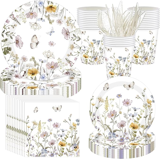 400 Pcs Wild Floral Disposable Paper Plates Napkins Cups Serve 50 Watercolor Floral Tableware Set for Spring Wedding Tea Party Decoration Bridal Shower Baby Shower(Elegant Color,Chic Style)