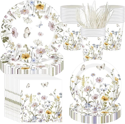 400 Pcs Wild Floral Disposable Paper Plates Napkins Cups Serve 50 Watercolor Floral Tableware Set for Spring Wedding Tea Party Decoration Bridal Shower Baby Shower(Elegant Color,Chic Style)