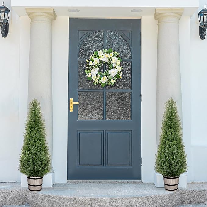 4FT Artificial Cedar Topiary Trees with Rustic Barrel Planter, Outdoor Indoor Realistic Faux Pine Shrubs Plants, Fake Cypress Trees for Home Offices Porch Decor, Set of 2