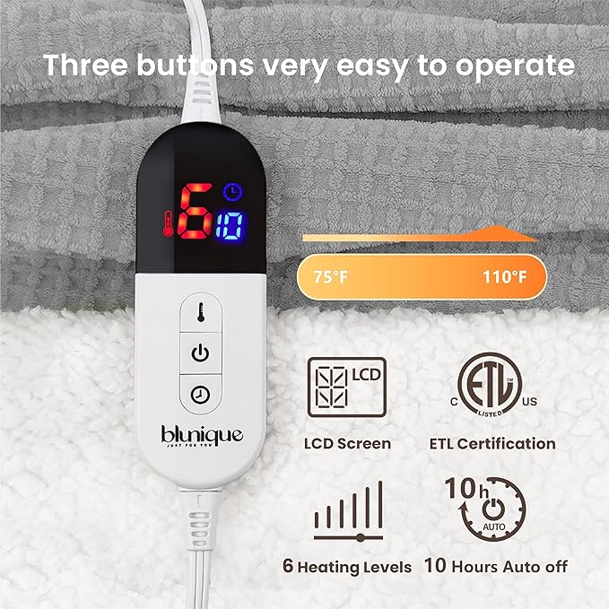 Heated Blanket Electric Blanket Full Waffle,72x84 Inches Sherpa Fleece Fast Heating Blanket 6 Heating Levels & 10 Hours Auto Off ETL Certification,Light Grey Full
