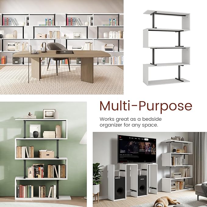 5-Tier Geometric Bookshelf, S Shaped Bookcase, 31.5" W x 58.3" H Wood Decorative Storage Shelving, Modern Freestanding Display Shelves, Tall Book Shelf Unit for Living Room Bedroom