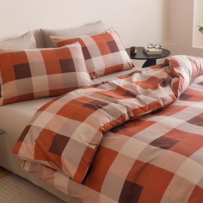 Cottonight Checkered Red Comforter Set King Men Gingham Grid Bedding Set Red and Khaki Grid Comforter Fluffy Soft Blanket Quilts Modern Cottagecore Comforter with 2 Pillowcases for King Bed