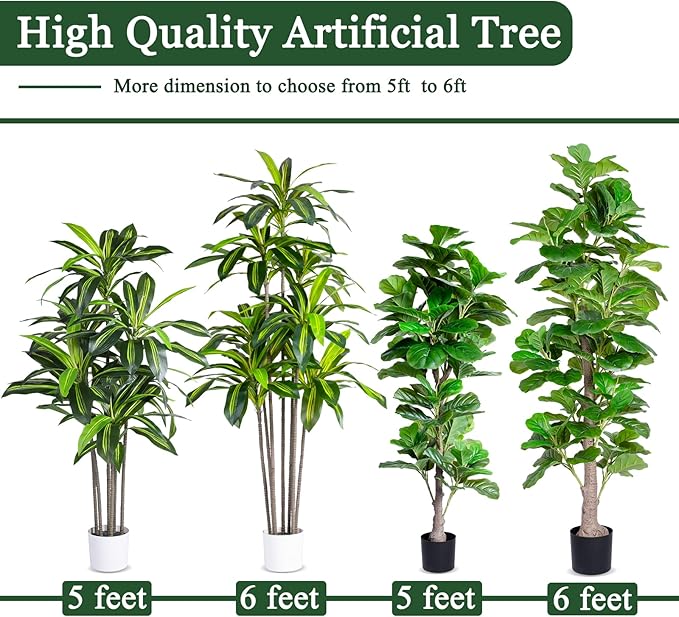 Artificial Dracaena Tree Indoor, 5FT Tall Faux Tree with Natural Wood Trunk and Lifelike Leaves, Tall Artificial Plants Indoor, Fake Plants for Home, Office, Living Room Decor