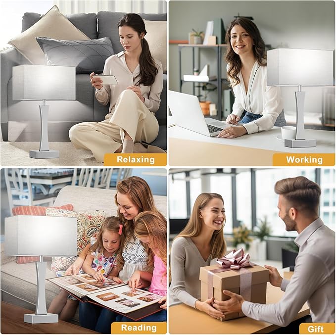 Bedside Lamps for Night Stands - 3 Way Dimmable Table Lamp for Bedroom with USB C+A Ports,Modern Bedside Lamps Set of 2, Touch Lamps for Nightstands(Silver)