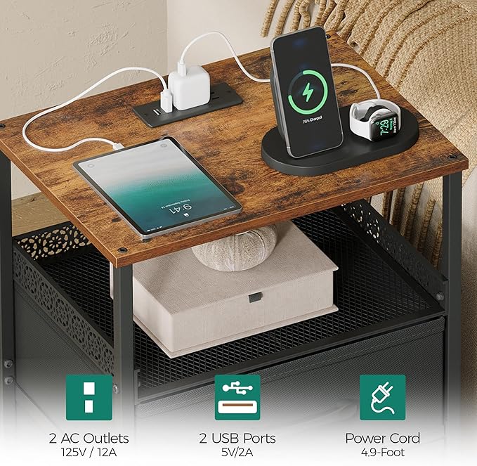 Night Stand Set 2 with Charging Station, 3 Drawer Nightstands with LED Lights, End Table with Outlets and USB Ports, Side Table with Open Shelf, Bedside Tables for Bedroom, Rustic Brown