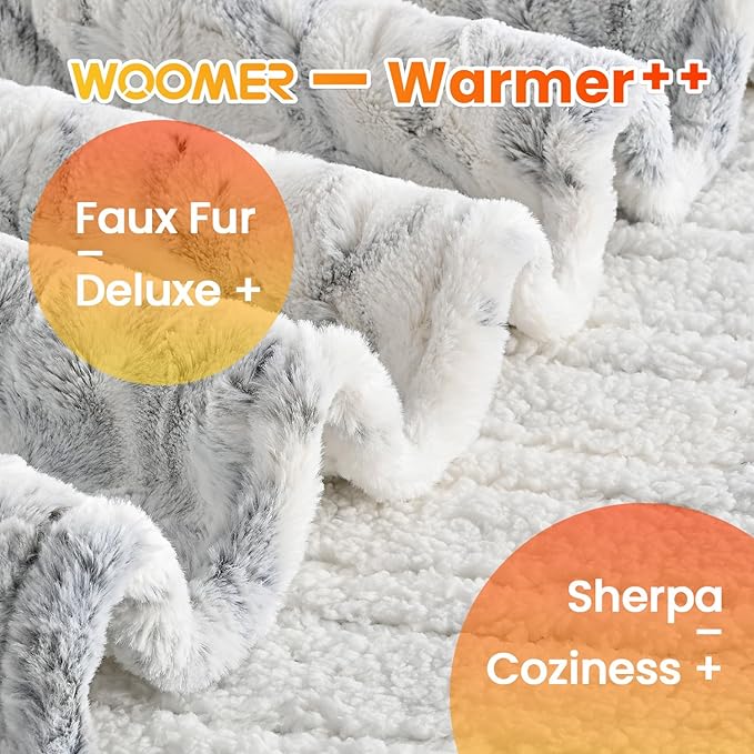 WOOMER Heated Blanket Queen Size Electric Blanket 84"x 90", Faux Fur Fast Heating, 10 Heating Levels & 0.5-12H Auto Off, Dual Control, Over-Heat Protection, ETL Certification