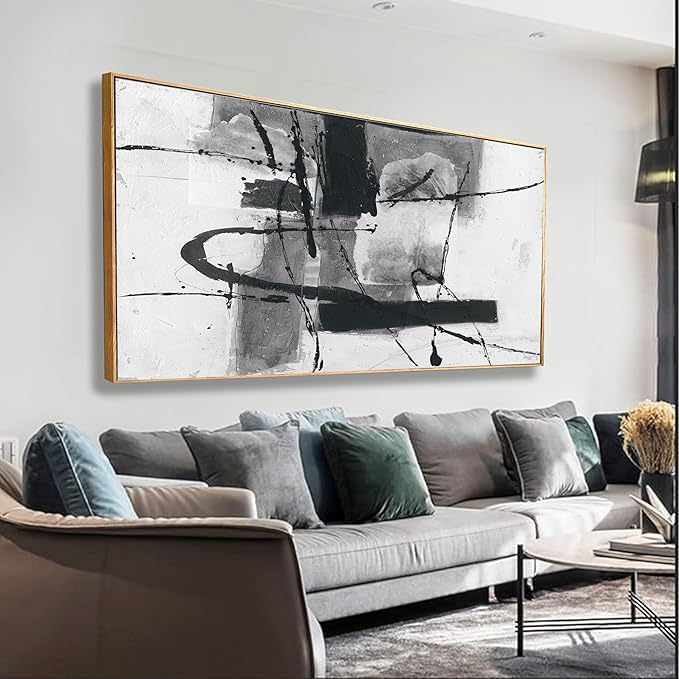 Modern Maximalist Abstract Wall Art - Black and White Irregular Graffiti Framed Canvas Decor for Living Room, Bedroom, Office - 20"x40"