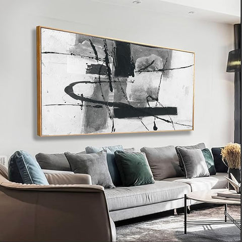 Modern Maximalist Abstract Wall Art - Black and White Irregular Graffiti Framed Canvas Decor for Living Room, Bedroom, Office - 20"x40"
