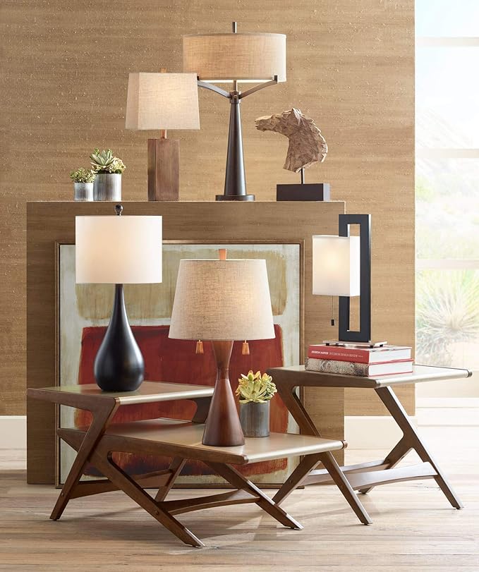 360 Lighting Omar Modern Table Lamp 28 3/4" Tall Warm Brown Wood Hourglass Oatmeal Fabric Tapered Drum Shade for Bedroom Living Room House Home Bedside Nightstand Office Entryway Kids Family