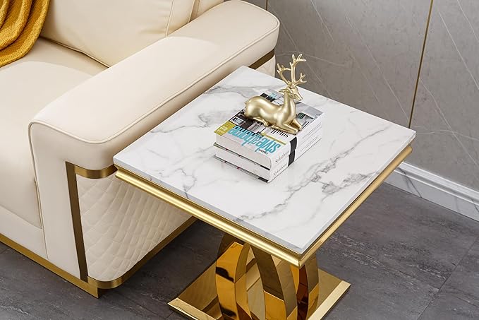 SSLine Modern White Faux Marble End Table Luxury Square Sofa Side Table with Gold Pedestal Base Mid-Century Elegant Bedside Table w/Mirrored Stainless Steel Frame for Living Room Bedroom
