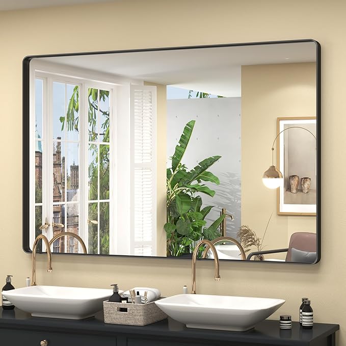 60x40 Inch Black Matte Framed Bathroom Mirror for Wall, Rounded Corner Rectangle Vanity Mirror, Tempered Glass, Anti-Rust, Shatterproof (Horizontal/Vertical)