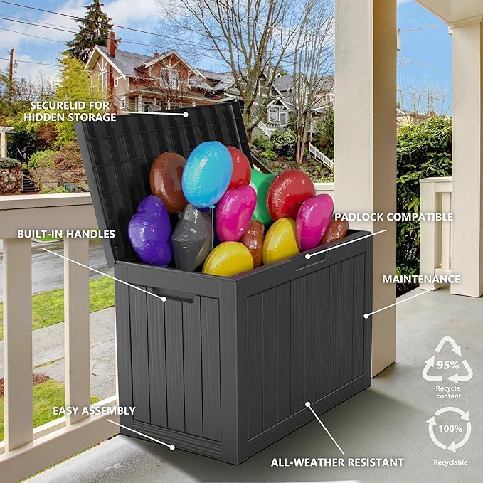 45 Gallon Deck Box,Resin Outdoor Storage Box with Lockable for Patio Furniture, Pool Accessories, Garden Tools Waterproof Outside Storage Box, Black