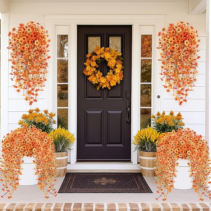 2PCS Fall Artificial Hanging Flowers Plants for Outdoors, 2Pcs Faux Silk Flowers with Eucalyptus Leaves, Fake Fall Flowers for Autumn Home Patio Porch Outside Decor (Orange Yellow)
