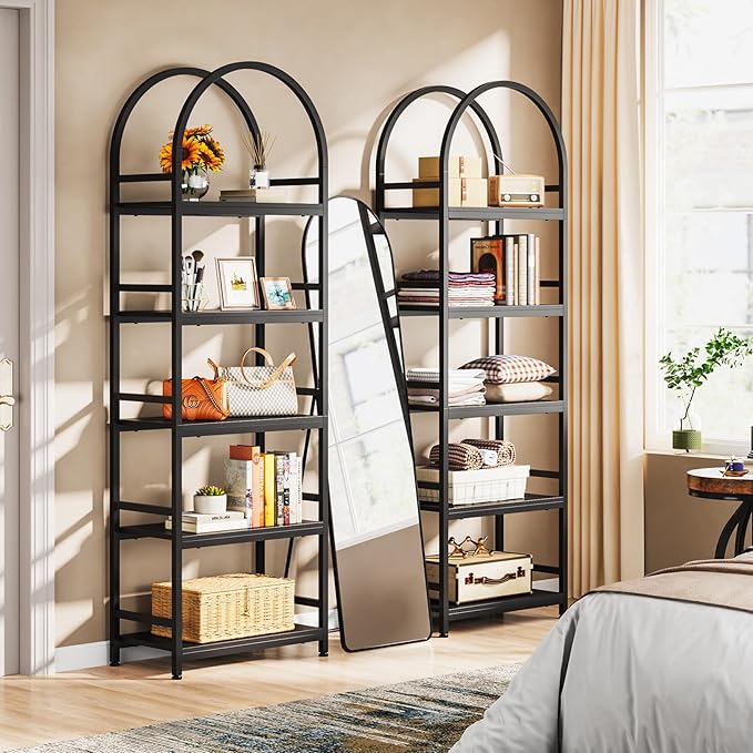 Tribesigns 5-Tier Open Bookshelf Set of 2, 74.4" Wood Bookcase Storage Shelves with Metal Frame, Freestanding Display Rack Tall Shelving Unit for Office, Bedroom, Living Room (Black, 2PCS)