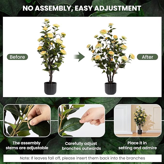 3.2FT Artificial Camellia Trees, Yellow Silk Flowers, Indoor Faux Plants with Realistic Trunk in Black Cement Pot for Home House Living Room Bedroom Office Decor, 2pcs
