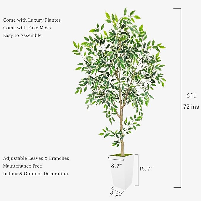 Artificial Ficus Tree 6ft, Fake Plant with White Tall Planter, Faux Ficus Leaves Trees in Pot, Artificial Floor Plants for Home Living Room Office Bedroom Garden Balcony Decor Indoor