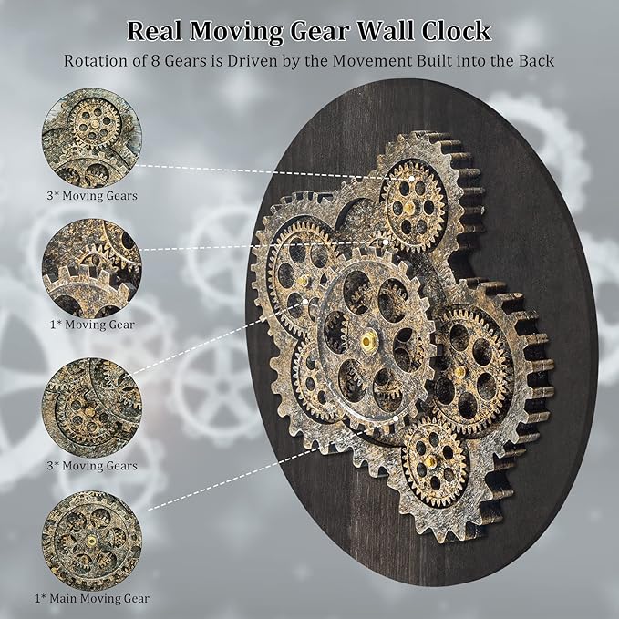 HOIBAI Wall Clock for Living Room Decor, Large, 24 in (60cm), Moving Gear, Farmhouse Vintage Industrial Oversized Wall Clock