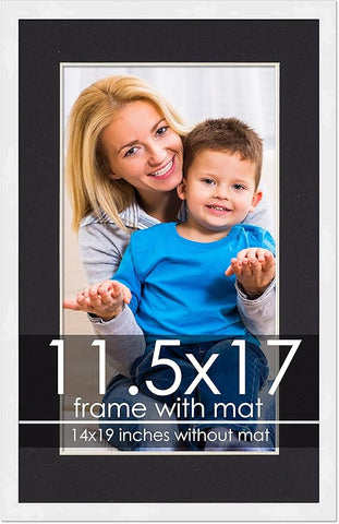 11.5x17 Frame with Mat - White 14x19 Frame Wood Made to Display Print or Poster Measuring 11.5 x 17 Inches with Black Photo Mat